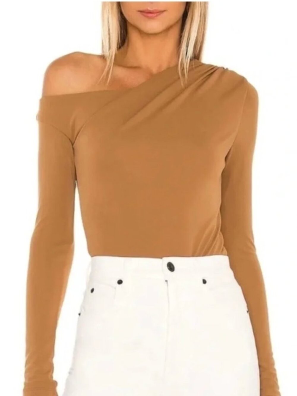 Song of Style Via Bodysuit Medium Brown Camel Off Shoulder Long Sleeve